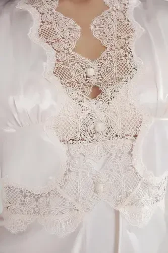 Saten Kechki Ko'ylak Xalat Pijama To'plami Short To'plami 6 qismli Sep Komplekti - 6335-Oq - 3