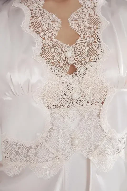 Saten Kechki Ko'ylak Xalat Pijama To'plami Short To'plami 6 qismli Sep Komplekti - 6335-Oq - 3