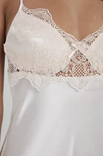 Saten Kechki Ko'ylak Xalat Pijama To'plami Short To'plami 6 qismli Sep Komplekti - 6335-Oq - 5