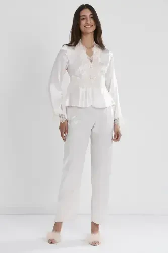 Saten Kechki Ko'ylak Xalat Pijama To'plami Short To'plami 6 qismli Sep Komplekti - 6335-Oq - 8