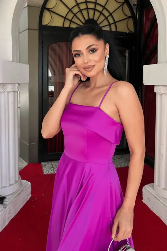 Saten Kumaş Askılı Abiye Elbise - FUŞYA - 3
