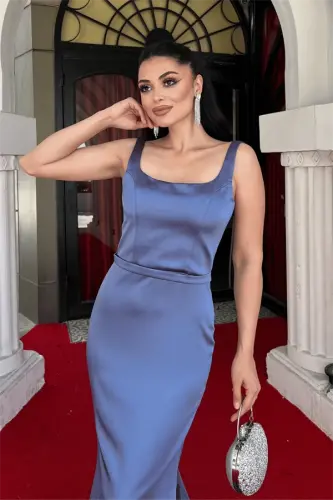 Saten Kumaş Askılı Balık Elbise - İNDİGO MAVİ - 4