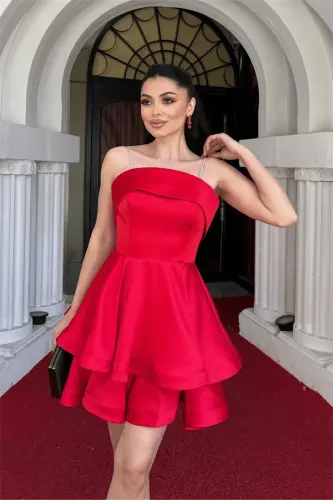 Saten Kumaş Askılı Mini Elbise - KIRMIZI - 3