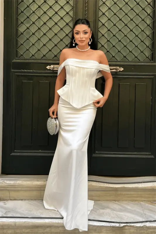 Saten Kumaş Balen Detaylı Abiye Elbise - BEYAZ - BÜYÜKBEDENIZ