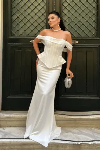 Saten Kumaş Balen Detaylı Abiye Elbise - BEYAZ - 2