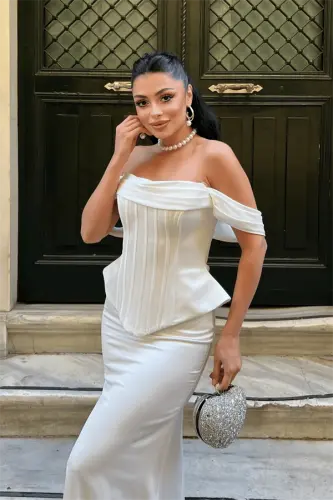 Saten Kumaş Balen Detaylı Abiye Elbise - BEYAZ - 4