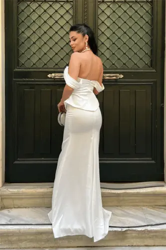 Saten Kumaş Balen Detaylı Abiye Elbise - BEYAZ - 5