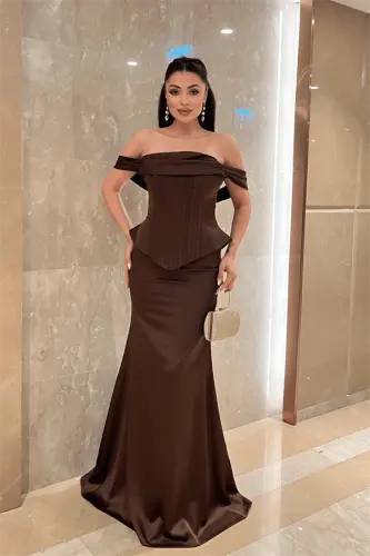 Saten Kumaş Balen Detaylı Abiye Elbise - KAHVERENGİ - 2