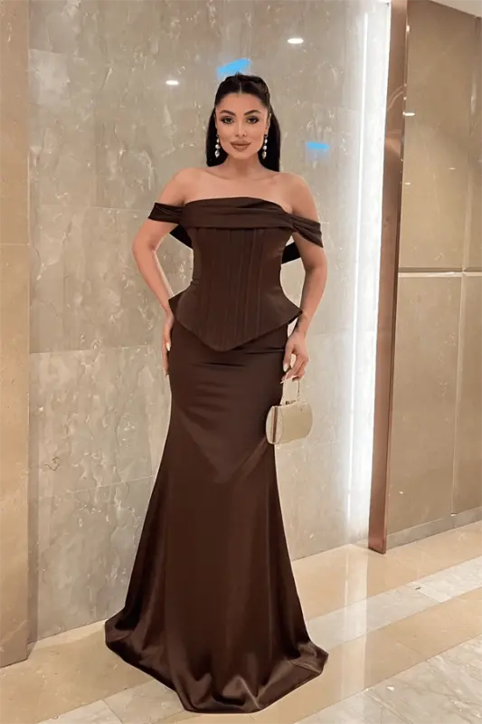 Saten Kumaş Balen Detaylı Abiye Elbise - KAHVERENGİ - 2