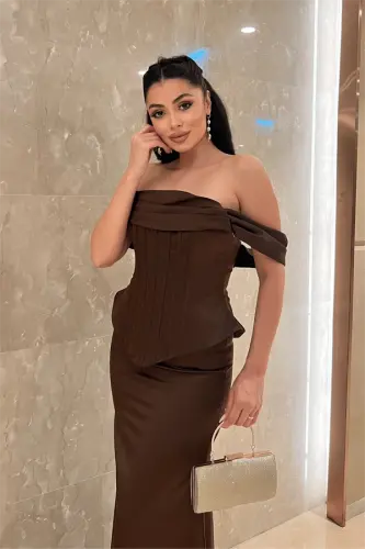 Saten Kumaş Balen Detaylı Abiye Elbise - KAHVERENGİ - 3