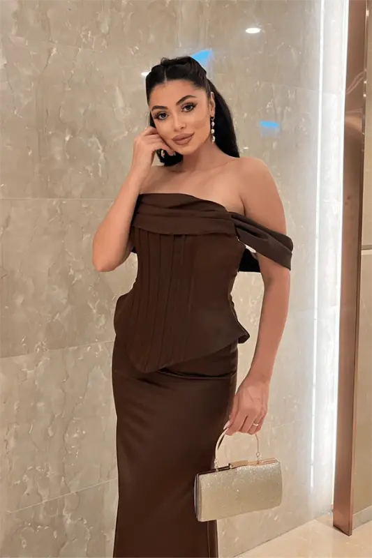 Saten Kumaş Balen Detaylı Abiye Elbise - KAHVERENGİ - 3