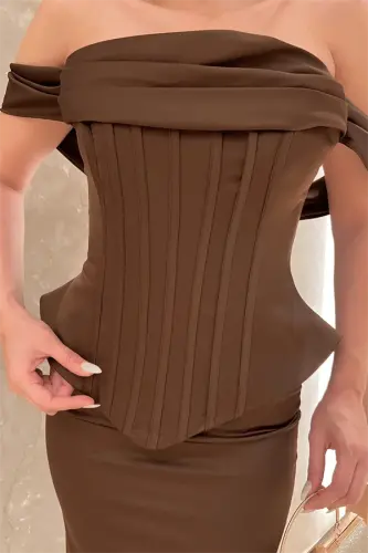 Saten Kumaş Balen Detaylı Abiye Elbise - KAHVERENGİ - 4