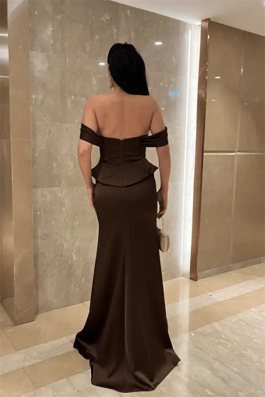 Saten Kumaş Balen Detaylı Abiye Elbise - KAHVERENGİ - 5