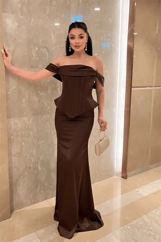 Saten Kumaş Balen Detaylı Abiye Elbise - KAHVERENGİ - BÜYÜKBEDENIZ