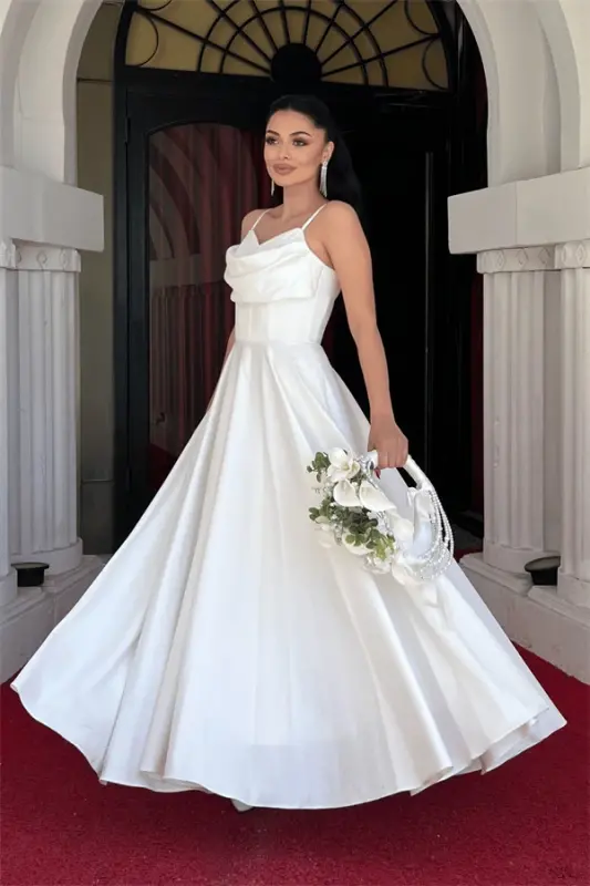 Saten Kumaş Balen Detaylı Degaje Yaka Elbise - BEYAZ - 2