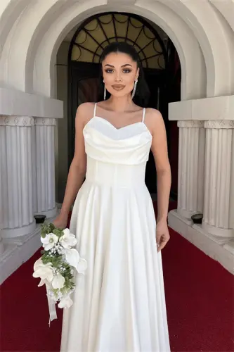 Saten Kumaş Balen Detaylı Degaje Yaka Elbise - BEYAZ - 3