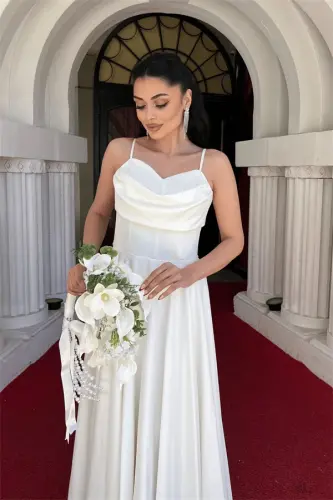 Saten Kumaş Balen Detaylı Degaje Yaka Elbise - BEYAZ - 4