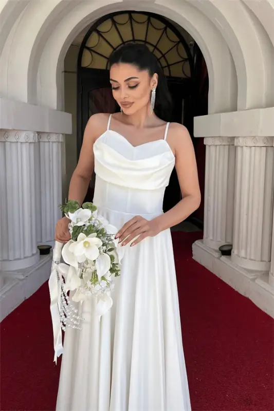 Saten Kumaş Balen Detaylı Degaje Yaka Elbise - BEYAZ - 4