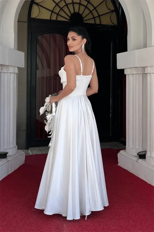 Saten Kumaş Balen Detaylı Degaje Yaka Elbise - BEYAZ - 5