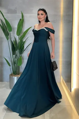 Saten Kumaş Balen Taş Detaylı Abiye - ZÜMRÜT YEŞİL - 1