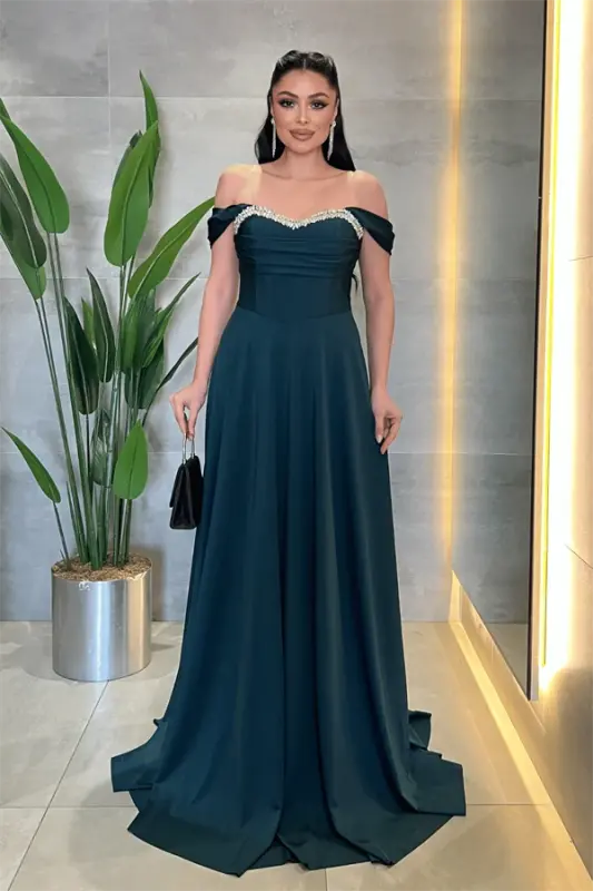 Saten Kumaş Balen Taş Detaylı Abiye - ZÜMRÜT YEŞİL - 2