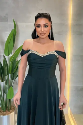 Saten Kumaş Balen Taş Detaylı Abiye - ZÜMRÜT YEŞİL - 3