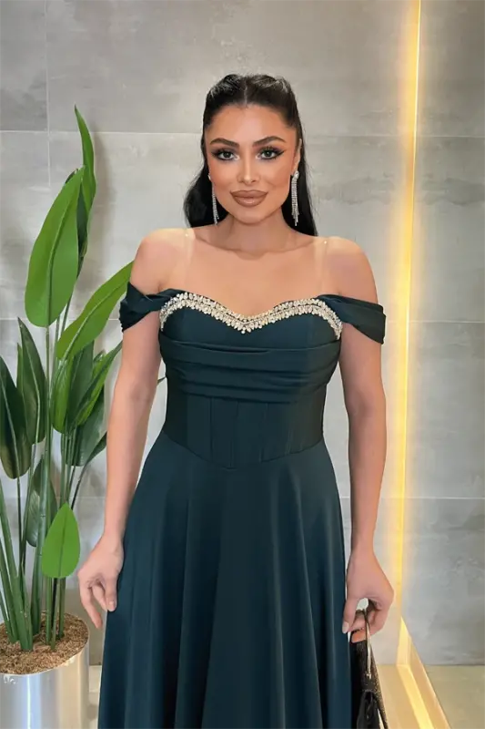 Saten Kumaş Balen Taş Detaylı Abiye - ZÜMRÜT YEŞİL - 3