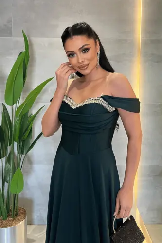 Saten Kumaş Balen Taş Detaylı Abiye - ZÜMRÜT YEŞİL - 4