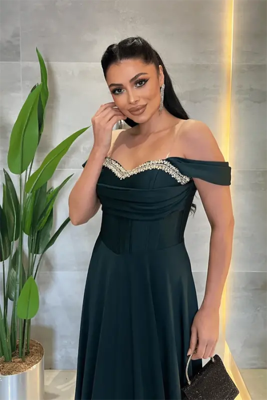 Saten Kumaş Balen Taş Detaylı Abiye - ZÜMRÜT YEŞİL - 4