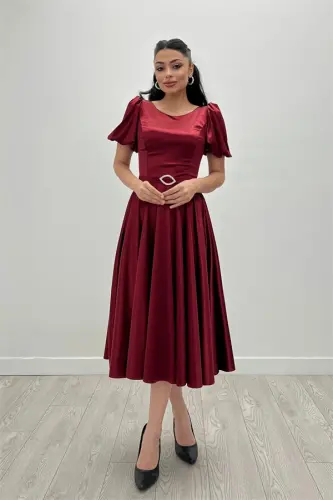 Saten Kumaş Balon Kol Midi Elbise - BORDO - 3