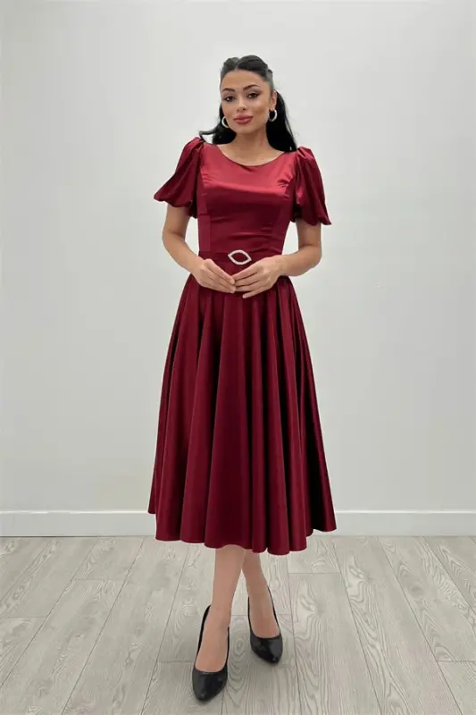 Saten Kumaş Balon Kol Midi Elbise - BORDO - 3