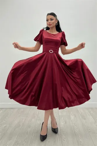 Saten Kumaş Balon Kol Midi Elbise - BORDO - 4
