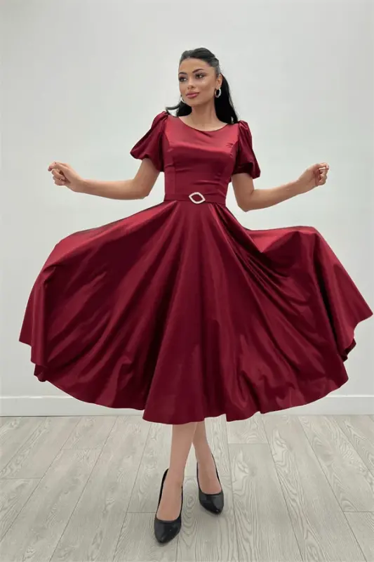 Saten Kumaş Balon Kol Midi Elbise - BORDO - 4