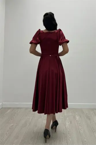 Saten Kumaş Balon Kol Midi Elbise - BORDO - 5
