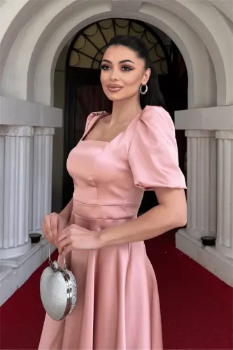 Saten Kumaş Balon Kol Mini Elbise - PUDRA - 4