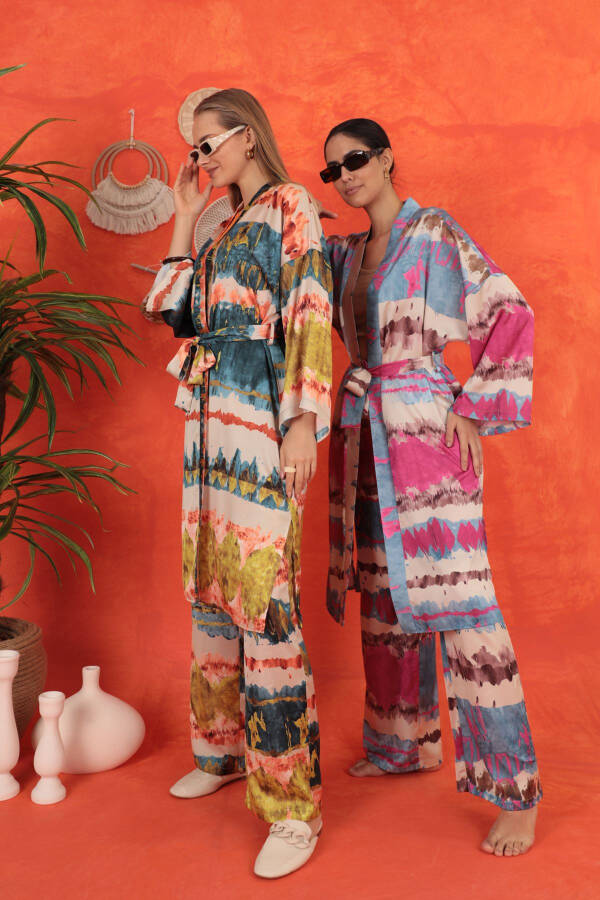 Saten Kumaş Batik Desen Kadın Kimono-Fuşya - 15