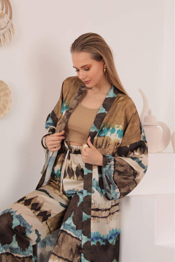 Saten Kumaş Batik Desen Kadın Kimono - Mavi - 12