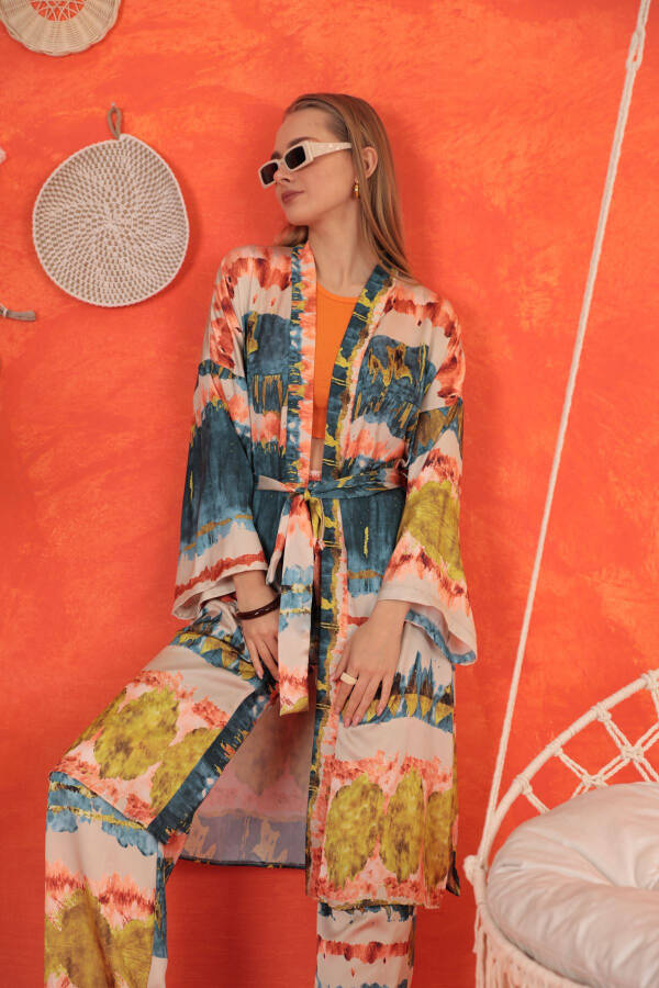 Saten Kumaş Batik Desen Kadın Kimono - YAĞ YEŞİLİ - 27