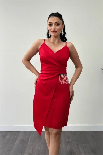 Saten Kumaş Boncuk Detaylı Elbise - KIRMIZI - 3