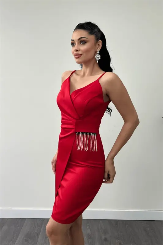 Saten Kumaş Boncuk Detaylı Elbise - KIRMIZI - 4