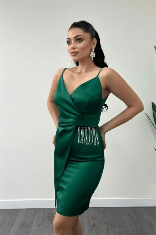 Saten Kumaş Boncuk Detaylı Elbise - ZÜMRÜT YEŞİL - 3
