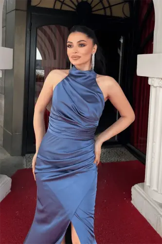 Saten Kumaş Boyundan Bağlamalı Abiye Elbise - İNDİGO MAVİ - 3