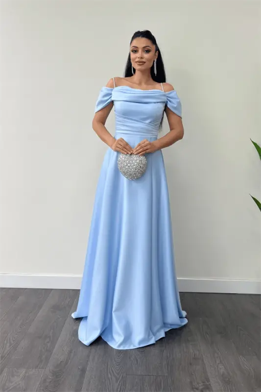 Saten Kumaş Büzgülü Askılı Abiye Elbise - BEBE MAVİSİ - BÜYÜKBEDENIZ