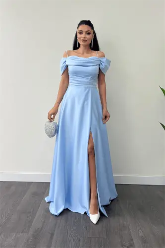 Saten Kumaş Büzgülü Askılı Abiye Elbise - BEBE MAVİSİ - BÜYÜKBEDENIZ (1)