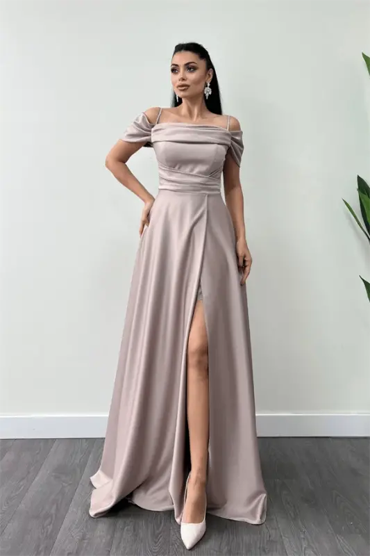 Saten Kumaş Büzgülü Askılı Abiye Elbise - BEJ - 2