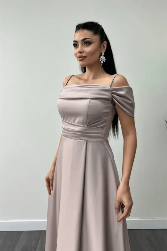 Saten Kumaş Büzgülü Askılı Abiye Elbise - BEJ - 3