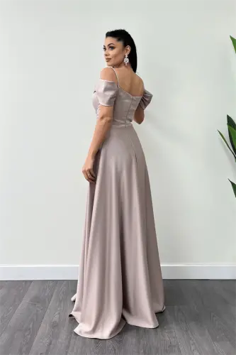 Saten Kumaş Büzgülü Askılı Abiye Elbise - BEJ - 4