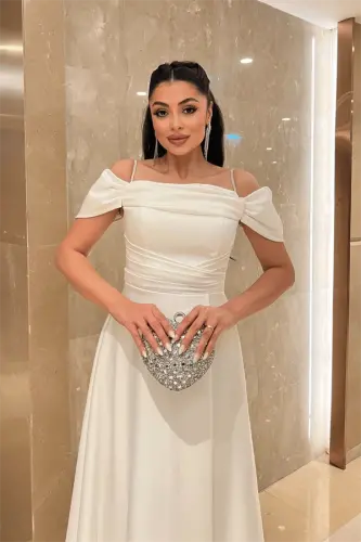 Saten Kumaş Büzgülü Askılı Abiye Elbise - BEYAZ - 3