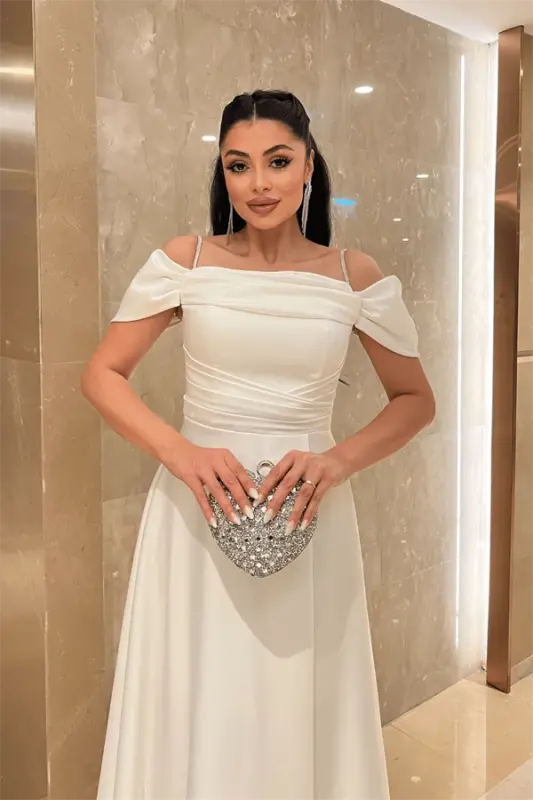 Saten Kumaş Büzgülü Askılı Abiye Elbise - BEYAZ - 3