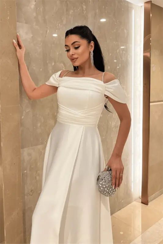 Saten Kumaş Büzgülü Askılı Abiye Elbise - BEYAZ - 4